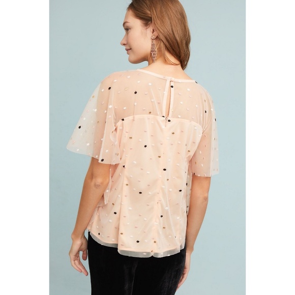 Eva Franco Anthropologie Tiered Sheer Pink Flutter Sleeve Polka Dot Top NWT - Picture 2 of 5